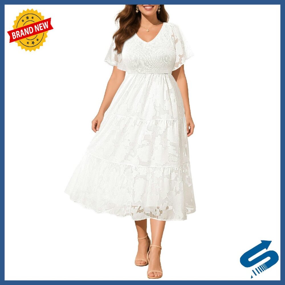 Plus Size Floral Lace Midi Dress Long Sleeve V Neck Smocked Tiered